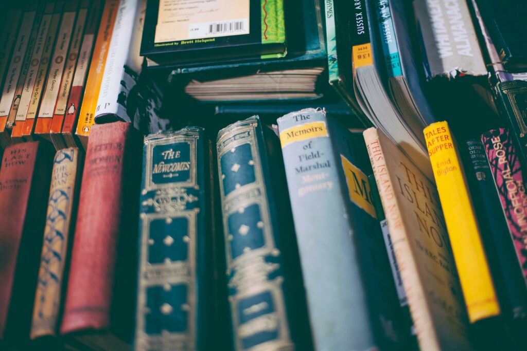 Explore a collection of vintage books with colorful spines on a wooden shelf. Perfect for literature lovers.