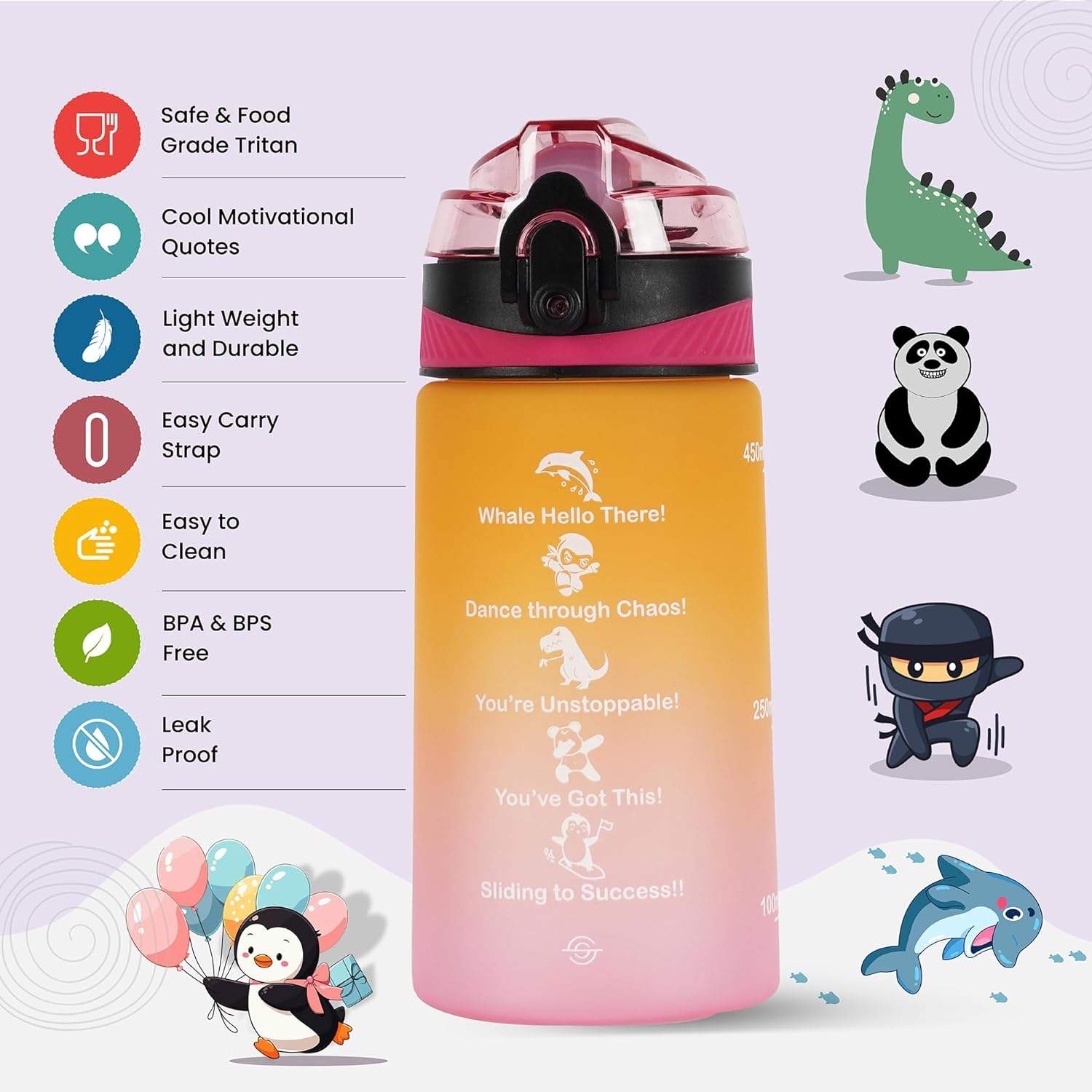 SOLARA Amazi Sipper Water Bottle for School Kids 500ml, Leakproof, Durable, BPA-Free Tritan with Motivational Time Marker, Perfect Kids Bottle for School, Home, Gifts & Outdoor, Yellow Pink (2+ Years)